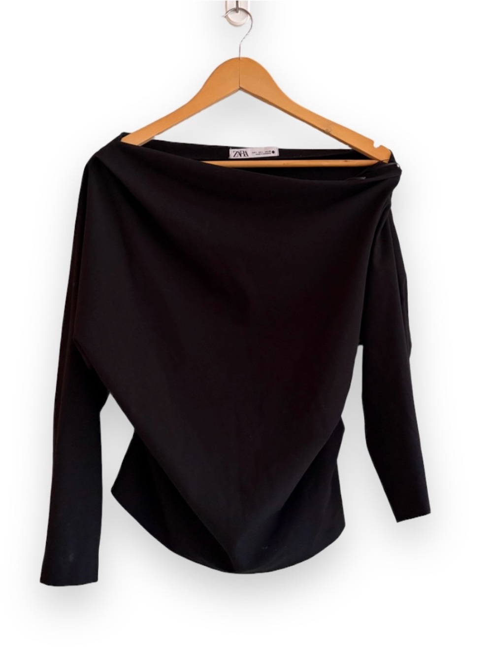 ZARA Asymmetrical Draped Top Black Long Sleeve Top